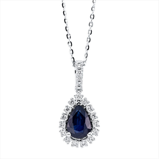 Collier 18 kt WG, mit ZÖ 40 cm + 43 cm, 15 Brill. 0,13 ct, TW-si, 4 Brill. 0,03 ct, TW-si, 1 Saphir 0,74 ct blau