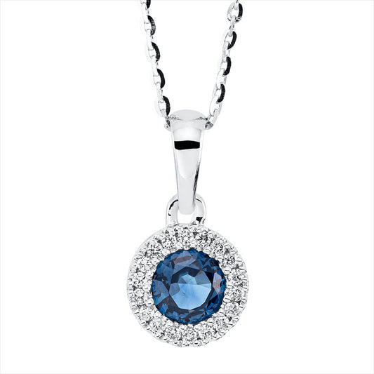 Collier 18 kt WG, mit ZÖ 40 cm + 43 cm, 18 Brill. 0,06 ct, TW-si, 1 Saphir 0,30 ct blau