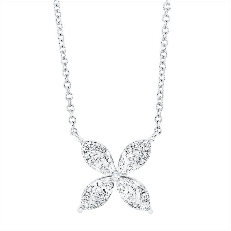 Collier 18 kt WG, mit ZÖ38cm,40,6cm,43,2cm, 4 Brill. 0,04 ct, 4 Nav. 0,37 ct,16 Brill. 0,04 ct, TW-si