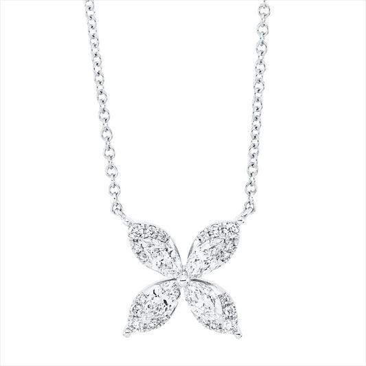 Collier 18 kt WG, mit ZÖ38cm,40,6cm,43,2cm, 4 Brill. 0,04 ct, 4 Nav. 0,37 ct,16 Brill. 0,04 ct, TW-si