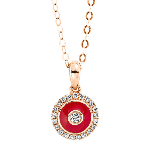 Collier 18 kt RG, mit ZÖ 43,2 cm + 47 cm, 21 Brill. 0,11 ct, TW-si, 1 Brill. 0,03 ct, TW-si, Emaille rot