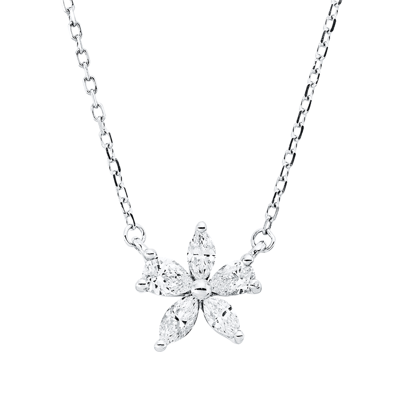 Collier 18 kt WG, mit ZÖ 40 cm, 2 Tropfen 0,16 ct, TW-vsi, 3 Nav. 0,19 ct, TW-vsi