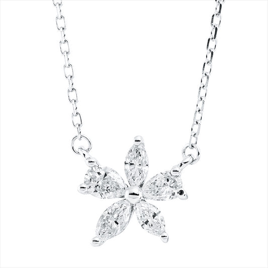 Collier 18 kt WG, mit ZÖ 40 cm, 2 Tropfen 0,16 ct, TW-vsi, 3 Nav. 0,19 ct, TW-vsi