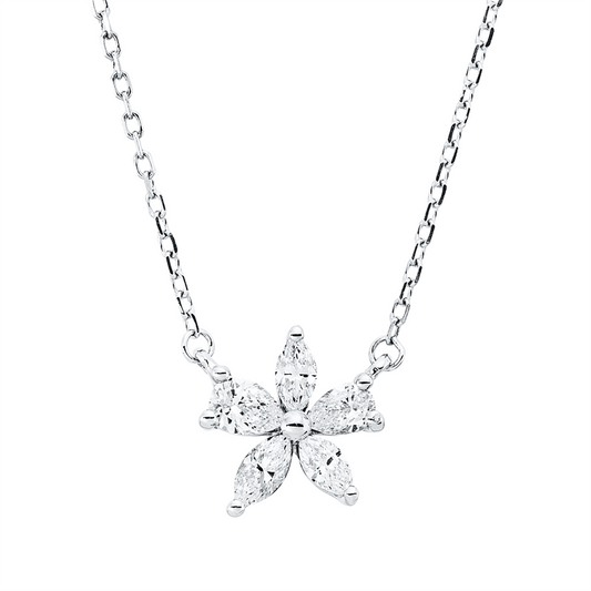 Collier 18 kt WG, mit ZÖ 40 cm, 2 Tropfen 0,16 ct, TW-vsi, 3 Nav. 0,19 ct, TW-vsi