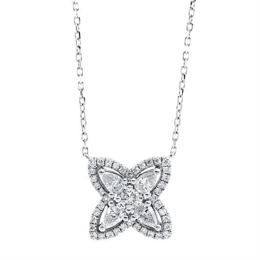 Collier 18 kt WG, mit ZÖ 40 cm, 4 Tropfen 0,32 ct, TW-vsi, 41 Brill. 0,21 ct, TW-si