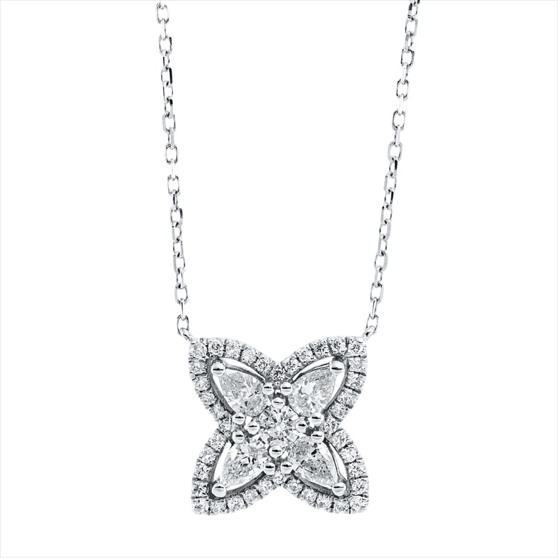 Collier 18 kt WG, mit ZÖ 40 cm, 4 Tropfen 0,32 ct, TW-vsi, 41 Brill. 0,22 ct, TW-si