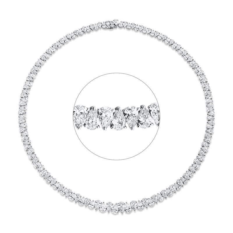 Collier 18 kt WG, 18 Tropfen 6,22 ct, F-vvs, 3 Tropfen 1,62 ct, F-vvs, 107 Tropfen 19,64 ct, F-vvs