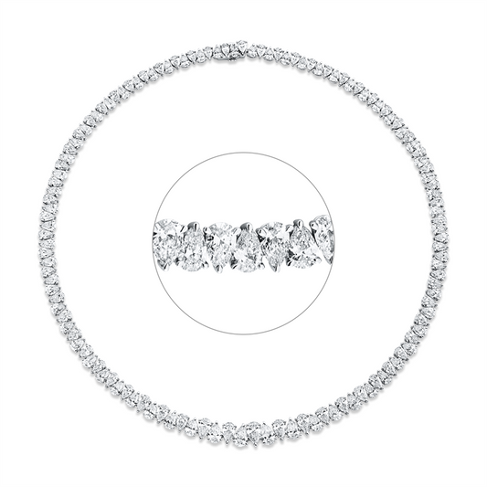Collier 18 kt WG, 18 Tropfen 6,22 ct, F-vvs, 3 Tropfen 1,62 ct, F-vvs, 107 Tropfen 19,64 ct, F-vvs