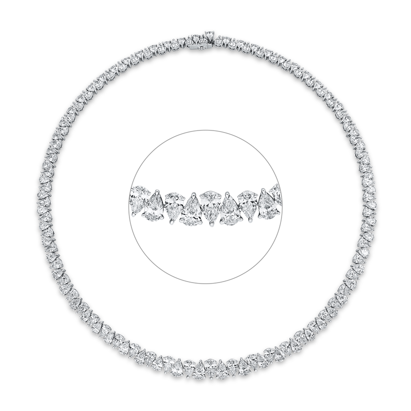 Collier 18 kt WG, 18 Tropfen 6,22 ct, F-vvs, 3 Tropfen 1,62 ct, F-vvs, 107 Tropfen 19,64 ct, F-vvs