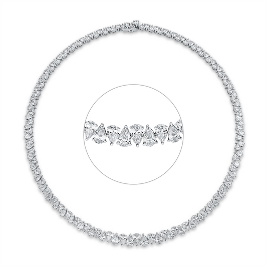 Collier 18 kt WG, 18 Tropfen 6,22 ct, F-vvs, 3 Tropfen 1,62 ct, F-vvs, 107 Tropfen 19,64 ct, F-vvs