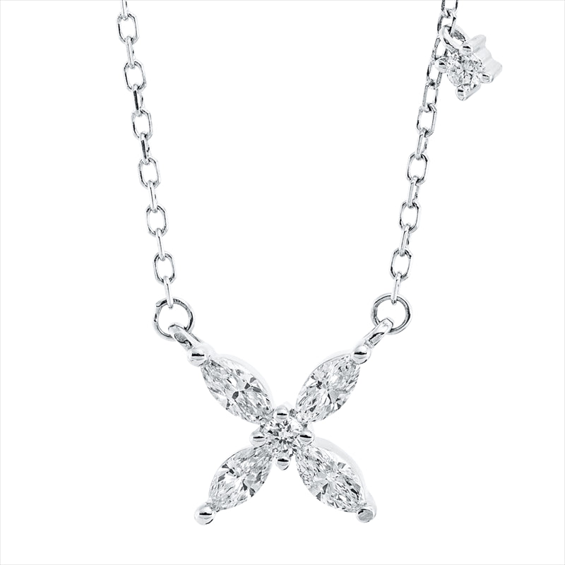Collier 18 kt WG, mit ZÖ 40,6 cm, 4 Nav. 0,19 ct, TW-vsi, 2 Brill. 0,03 ct, TW-si