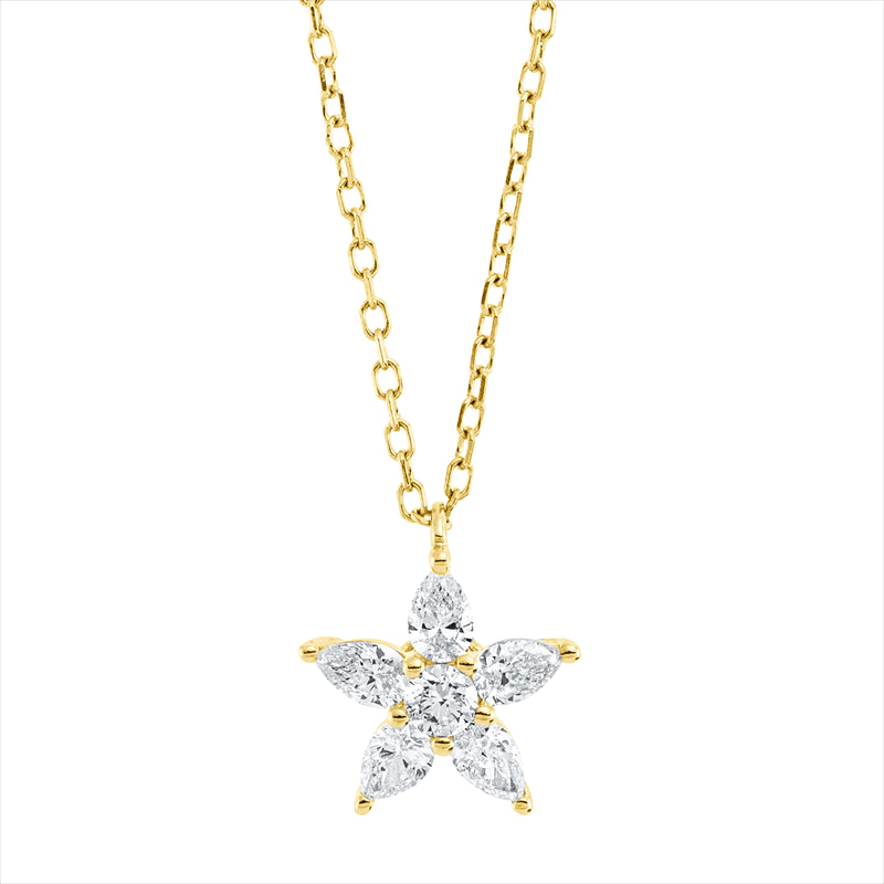 Collier 18 kt GG, mit ZÖ 40 cm, 5 Tropfen 0,25 ct, TW-vsi, 1 Brill. 0,04 ct, TW-si