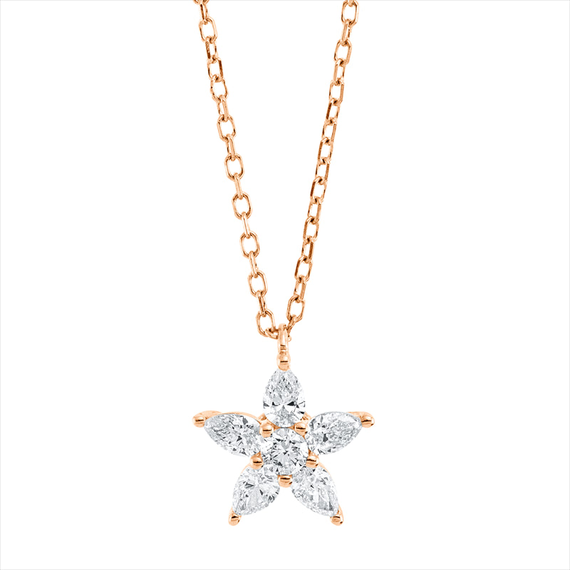 Collier 18 kt RG, mit ZÖ 40,6 cm, 5 Tropfen 0,25 ct, TW-vsi, 1 Brill. 0,04 ct, TW-si