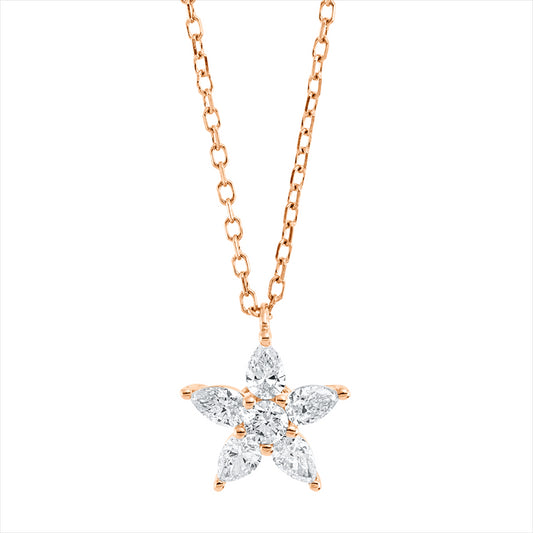 Collier 18 kt RG, mit ZÖ 40,6 cm, 5 Tropfen 0,25 ct, TW-vsi, 1 Brill. 0,04 ct, TW-si