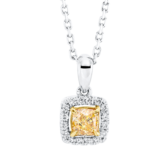 Collier 18 kt WG+GG, mit ZÖ 39,5+40,5 cm, 16 Brill. 0,07 ct, TW-si, 1 Cushion 0,31 ct, gelb