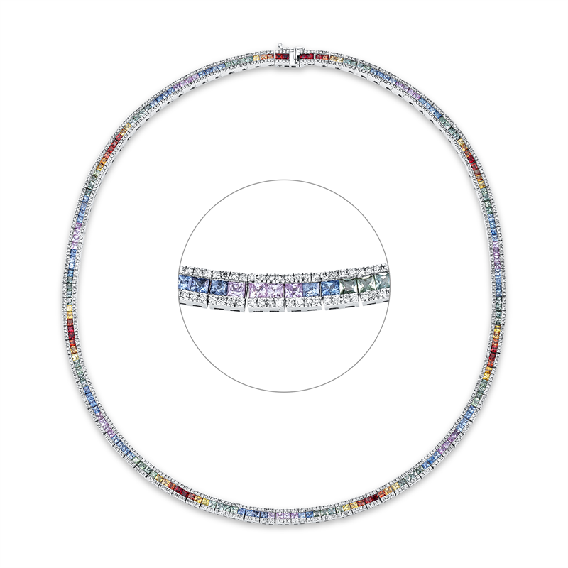 Collier 18 kt WG, 784 Brill. 2,78 ct, F-si, 196 Saphire 12,61 ct fancy