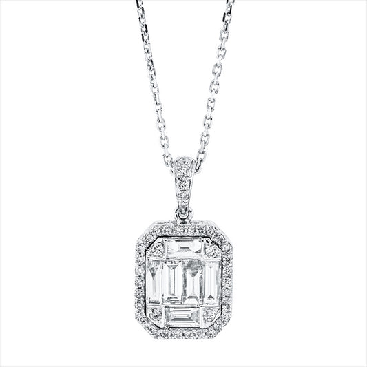 Collier 14 kt WG, mit Öse, 2 Bag. 0,13 ct, F-vsi, 4 Bag. 0,39 ct, F-vsi, 72 Brill. 0,31 ct, F-vsi