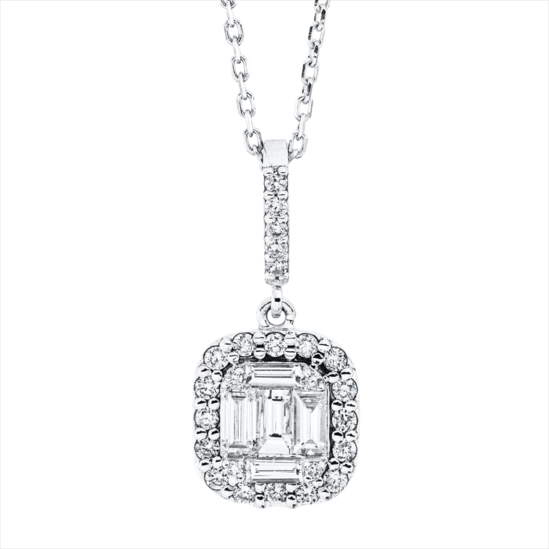 Collier 14 kt WG, mit Öse, 2 Bag. 0,09 ct, F-vsi, 3 Bag. 0,33 ct, F-vsi, 25 Brill. 0,23 ct, F-vsi