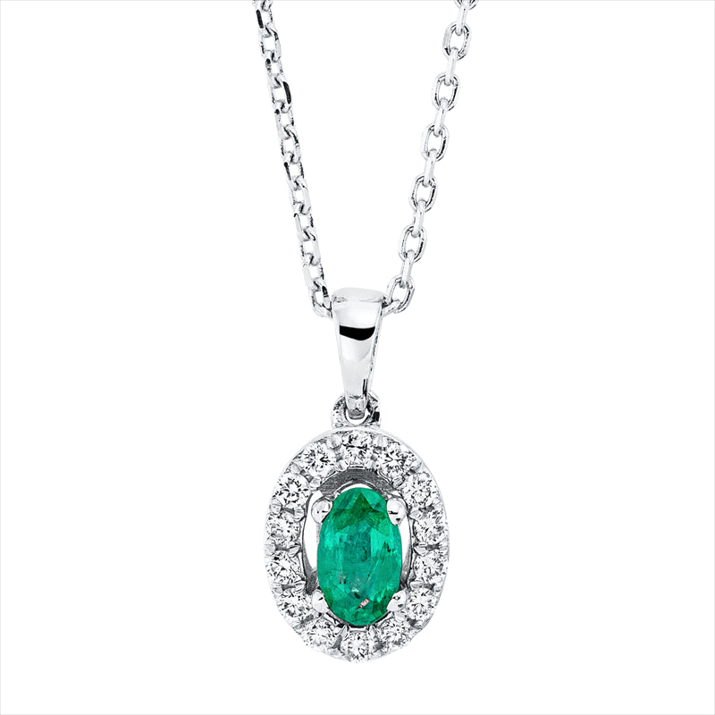 Collier 18 kt WG, mit Öse, 14 Brill. 0,13 ct, F-si, 1 Smaragd 0,23 ct grün