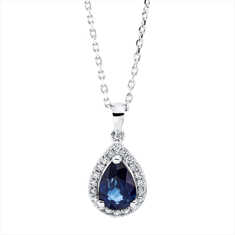 Collier 18 kt WG, mit Öse, 20 Brill. 0,12 ct, F-si, 1 Saphir 0,95 ct blau