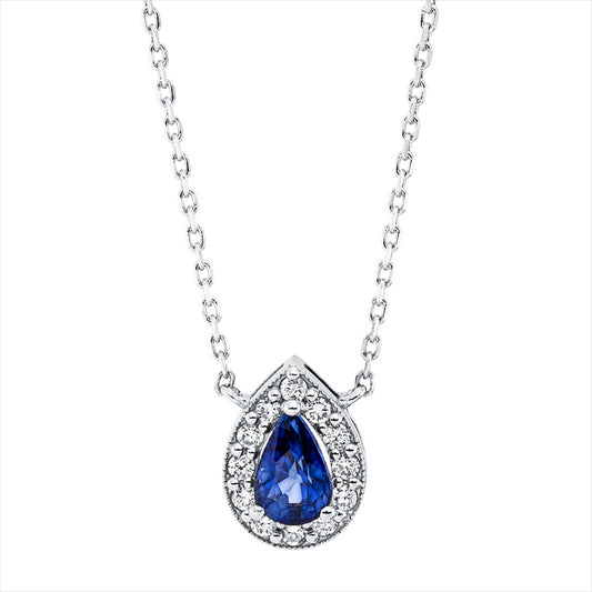 Collier 18 kt WG, 12 Brill. 0,14 ct, F-si, 1 Saphir 0,63 ct blau