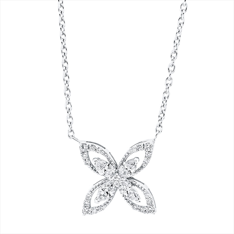 Collier 18 kt WG, mit ZÖ 40 cm, 4 Nav. 0,21 ct, F-si, 21 Brill. 0,08 ct, F-si