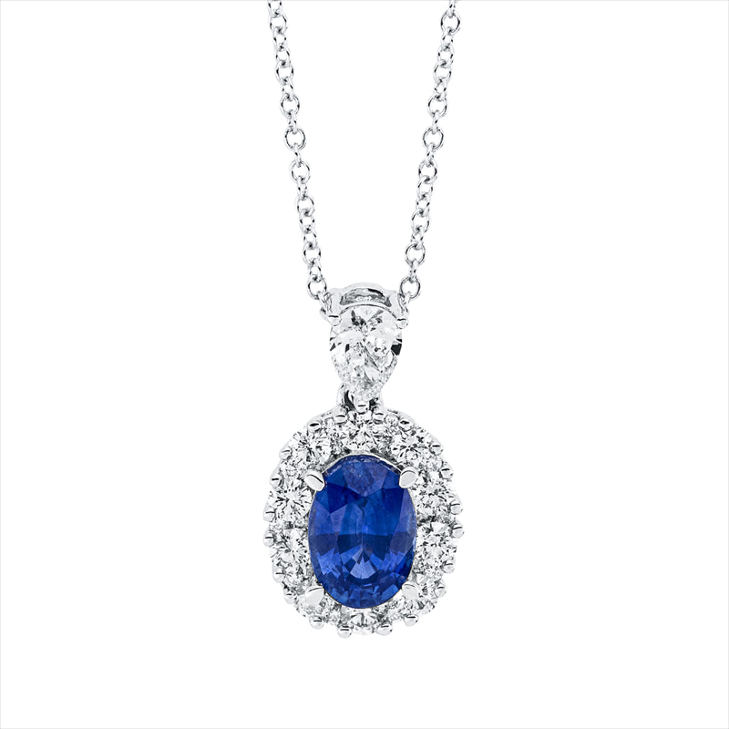 Collier 14 kt WG, 1 Tropfen 0,19 ct, TW-vsi, 31 Brill. 0,38 ct, W-vsi, 1 Saphir 1,08 ct blau