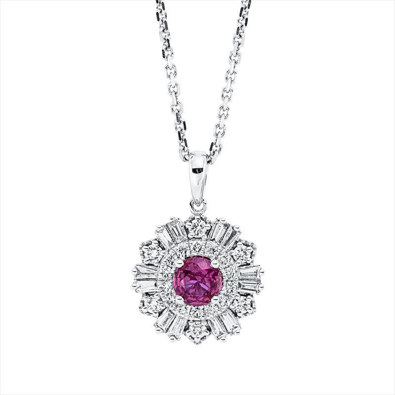 Collier 14 kt WG, 12 Trap. 0,24 ct, TW-vsi, 20 Brill. 0,31 ct, W-vsi, 1 Rubin 0,53 ct rot