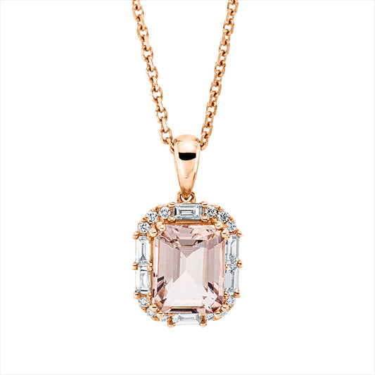 Collier 14 kt RG, 6 Bag. 0,22 ct, TW-vsi, 12 Brill. 0,09 ct, W-vsi, 1 Morganit 2,34 ct rosa