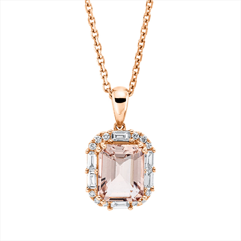 Collier 14 kt RG, 6 Bag. 0,22 ct, TW-vsi, 12 Brill. 0,09 ct, W-vsi, 1 Morganit 2,34 ct rosa