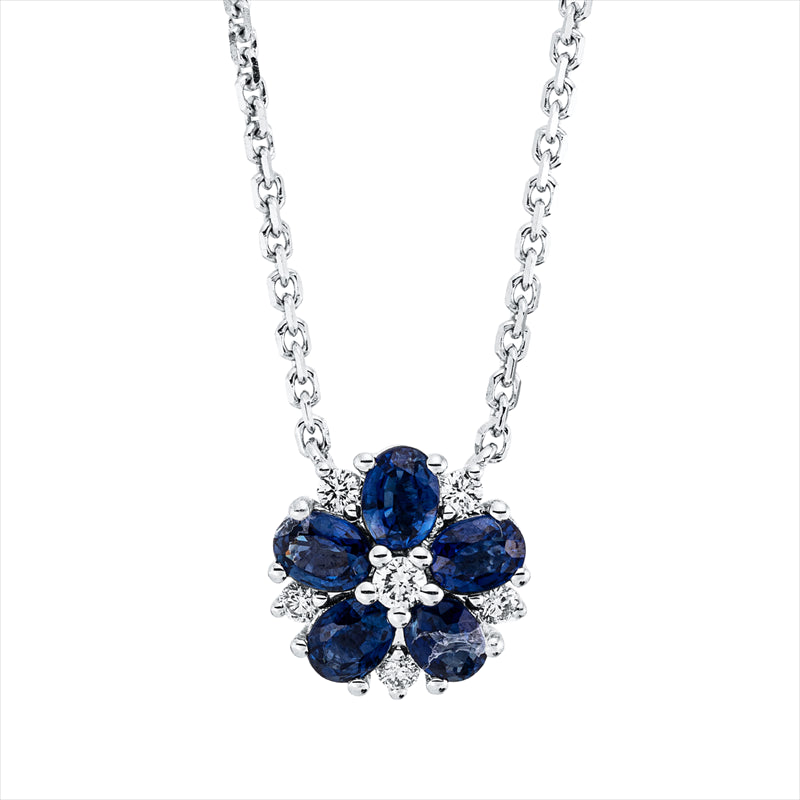 Collier 14 kt WG, mit ZÖ 40 cm + 43 cm, 6 Brill. 0,12 ct, W-vsi, 5 Saphire 1,03 ct blau