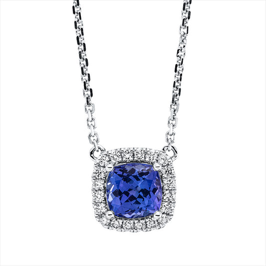 Collier 18 kt WG, mit ZÖ 40 cm + 43 cm, 20 Brill. 0,22 ct, W-vsi, 1 Tansanit 1,80 ct blau