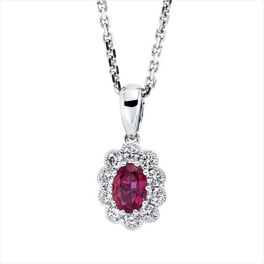 Collier 14 kt WG, mit ZÖ 40 cm + 43 cm, 10 Brill. 0,30 ct, W-vsi, 1 Rubin 0,58 ct rot