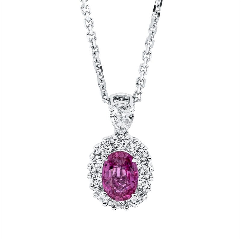 Collier 14 kt WG, 1 Tropfen 0,17 ct, TW-vsi, 30 Brill. 0,40 ct, W-vsi, 1 Rubin 0,98 ct rot