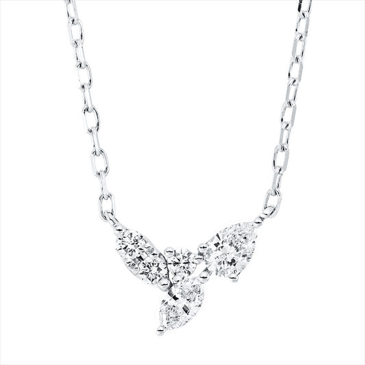 Collier 18 kt WG, mit ZÖ 40 cm + 43 cm, 1 Tropfen 0,12 ct, TW-vsi, 1 Nav. 0,07 ct,TW-si, 3 Brill.0,07ct, TW-si