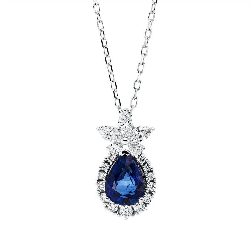 Collier 18 kt WG,3 Nav. 0,25 ct,2 Tropfen 0,07 ct, TW-vsi, 13 Brill. 0,15 ct, TW-si, 1 Saphir 1,50 ct blau