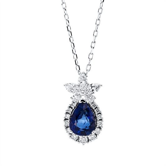 Collier 18 kt WG, mit ZÖ 40 cm + 43 cm, 3 Nav. 0,25 ct, TW-si, 2 Tropfen 0,07 ct, TW-vsi, 13 Brill. 0,15 ct, TW-si, 1 Saphir 1,50 ct blau