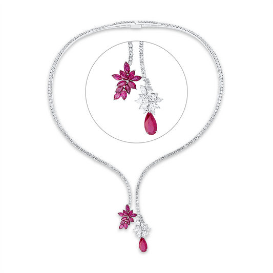 Collier 18 kt, 11 Nav. 1,76 ct, F-vsi/si, 198 Brill. 11,10ct,TW-si, 1 Rubin 2,35ct rot,11 Rubine 3,12ct rot