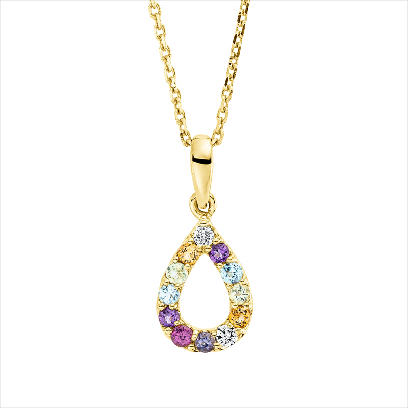 Collier 18 kt GG, mit ZÖ 42 cm, 2 Brill. 0,02 ct, TW-si, 10 Farbsteine 0,16 ct multicolor