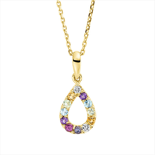 Collier 18 kt GG, mit ZÖ 42 cm, 2 Brill. 0,02 ct, TW-si, 10 Farbsteine 0,16 ct multicolor