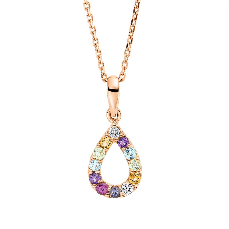 Collier 18 kt RG, mit ZÖ 42 cm, 2 Brill. 0,03 ct, TW-si, 12 Farbsteine 0,18 ct multicolor