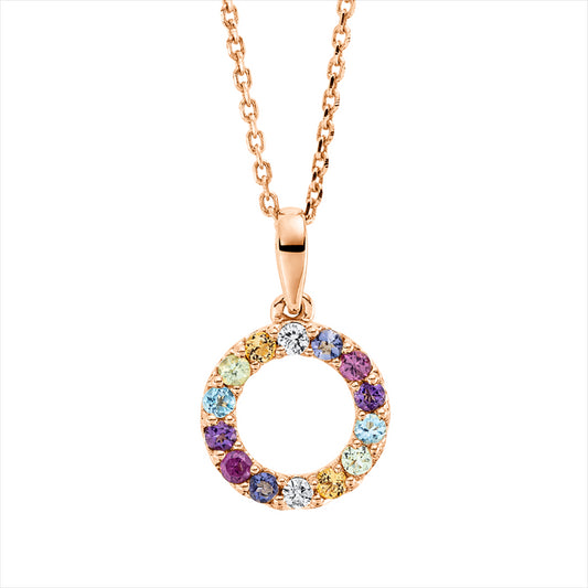 Collier 18 kt RG, mit ZÖ 42 cm, 2 Brill. 0,03 ct, TW-si, 12 Farbsteine 0,20 ct multicolor