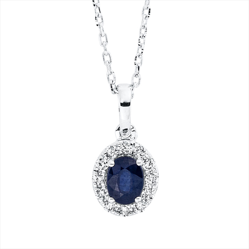 Collier 18 kt WG, mit ZÖ 42 cm, 12 Brill. 0,07 ct, TW-si, 1 Saphir 0,31 ct blau