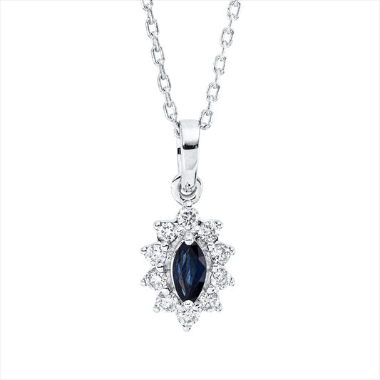 Collier 18 kt WG, mit ZÖ 42 cm, 10 Brill. 0,10 ct, TW-si, 1 Saphir 0,14 ct blau