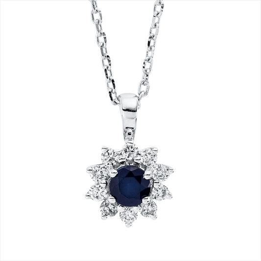 Collier 18 kt WG, mit ZÖ 42 cm, 10 Brill. 0,09 ct, TW-si, 1 Saphir 0,16 ct blau