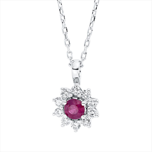 Collier 18 kt WG, mit ZÖ 42 cm, 10 Brill. 0,09 ct, TW-si, 1 Rubin 0,11 ct rot