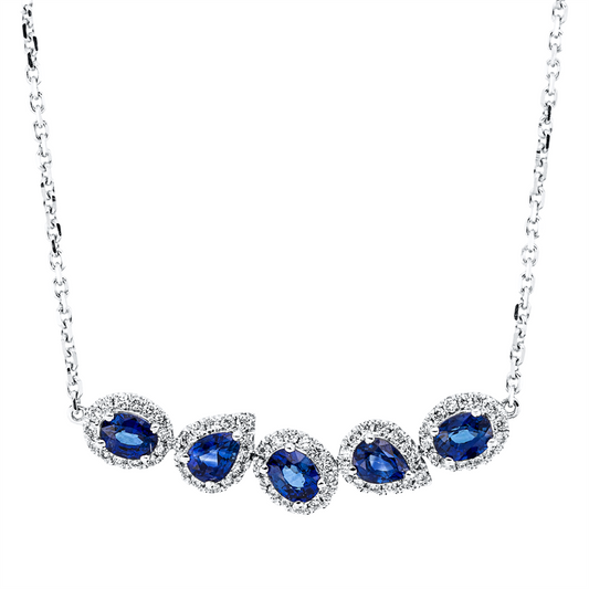 Collier 18 kt WG, mit ZÖ 40,6 cm, 68 Brill. 0,24 ct, TW-si, 2 Saphire 0,43 ct blau, 3 Saphire 0,63 ct blau