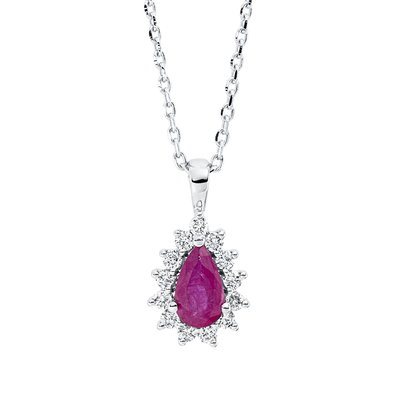 Collier 18 kt WG, mit ZÖ 42 cm, 13 Brill. 0,09 ct, TW-si, 1 Rubin 0,26 ct rot