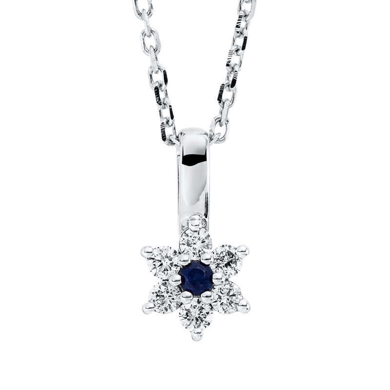 Collier 18 kt WG, mit ZÖ 42 cm, 6 Brill. 0,08 ct, TW-si, 1 Saphir 0,02 ct blau