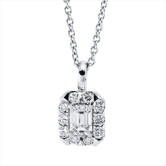 Collier 14 kt WG, mit ZÖ 43,2 cm, 1 Bag. 0,30 ct, TW-si, 10 Brill. 0,22 ct, TW-si